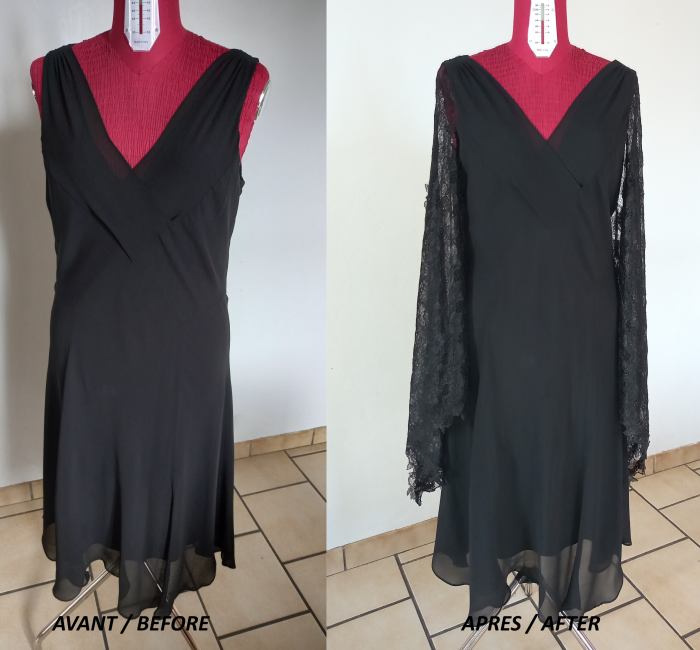 Retouche robe mousseline ajout manches en dentelle de Calais